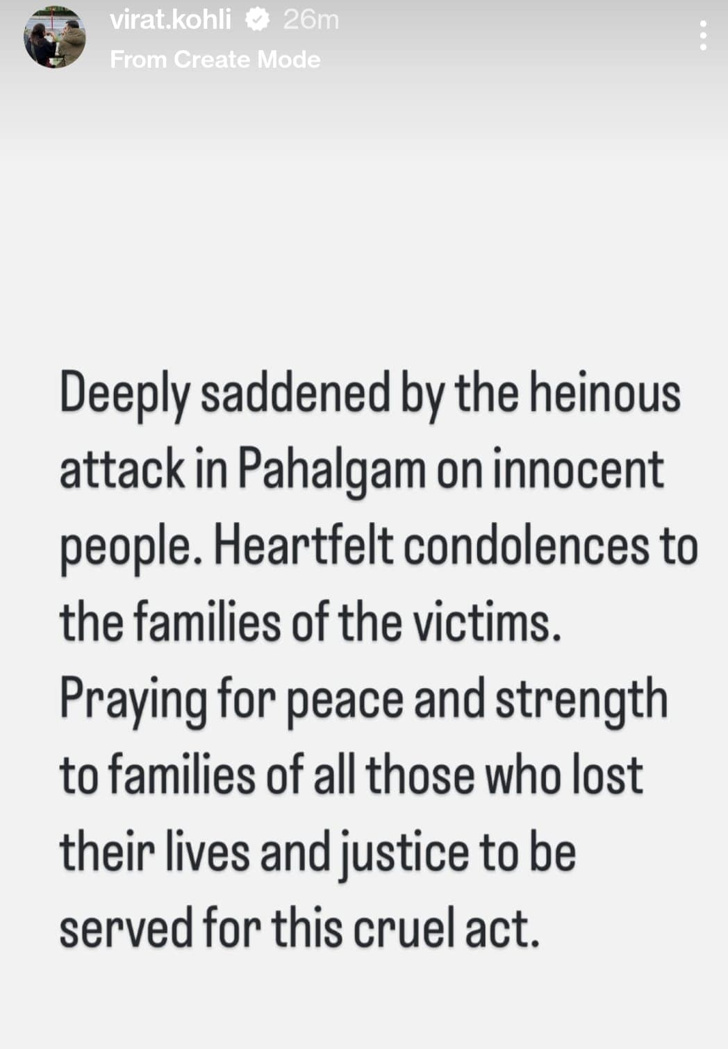 Virat Kohli's Instagram story on Pahalgam terror attack. 